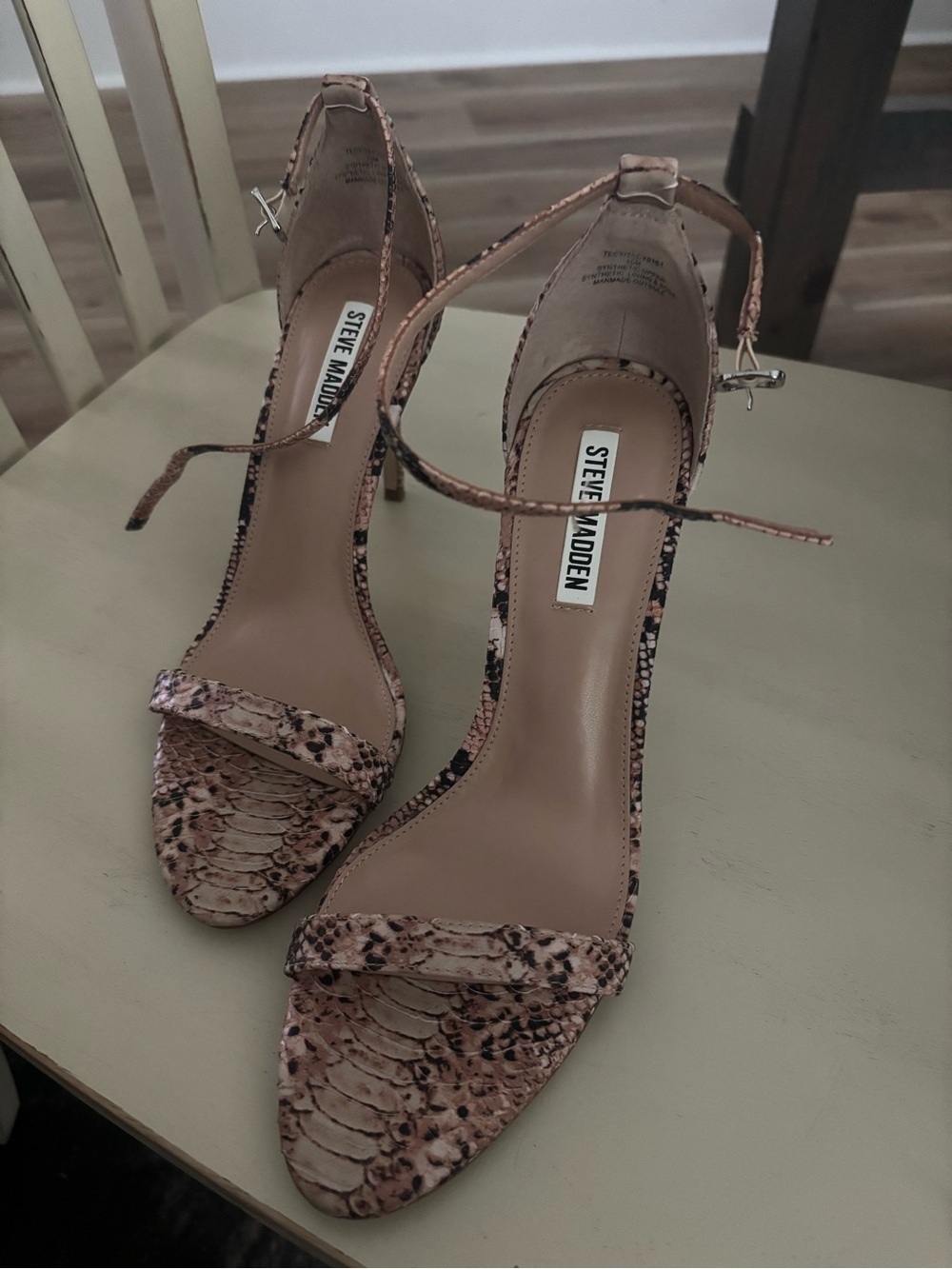 Steve Madden Pink Snake-Print Ankle Strap Stiletto Heels